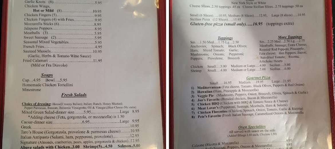 Taro's Menu